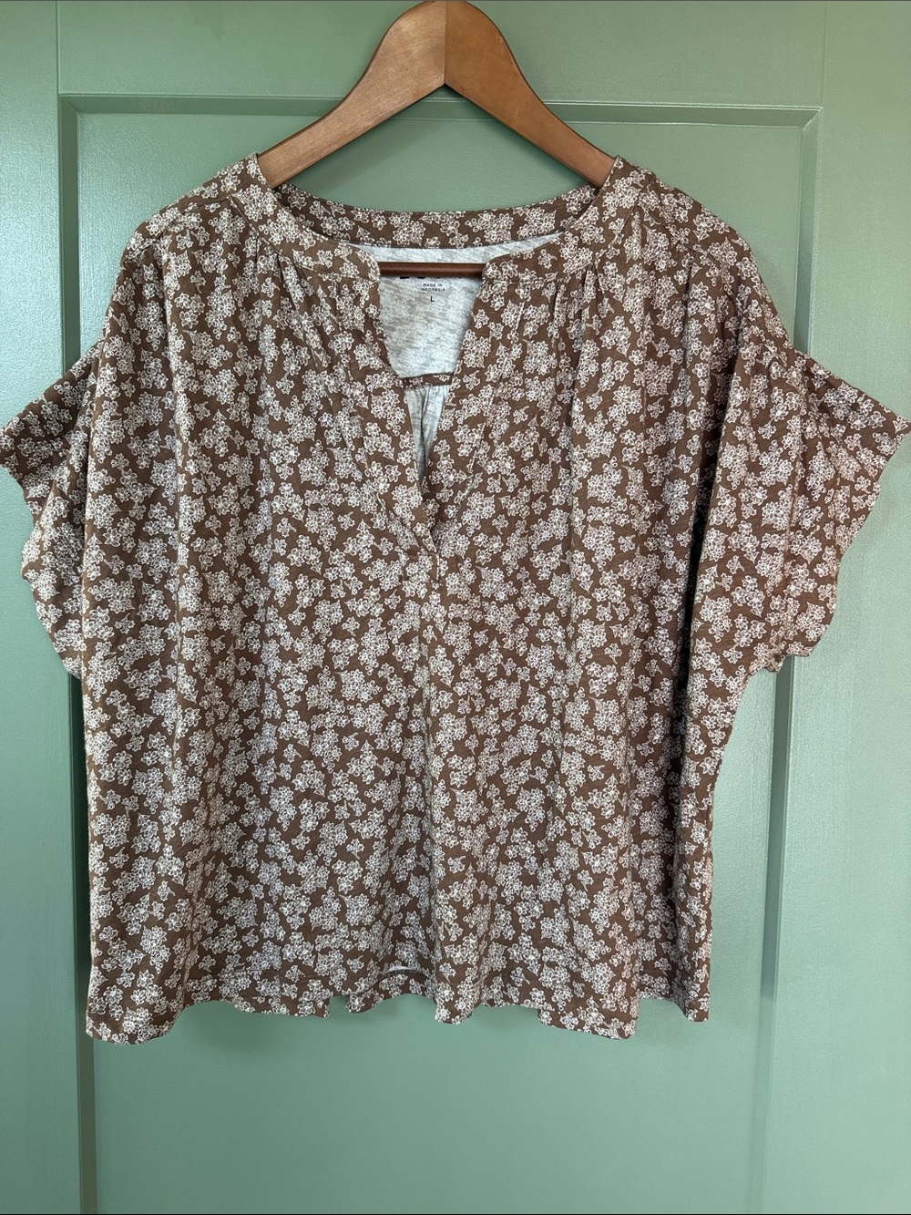 LOFT Brown Floral Split Neck Top - NWT